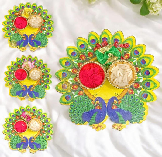 Peacock design roli chawal plate, decorative puja plate, peacock pattern thali, traditional ceremony plate, roli chawal thali, festive ritual decor, Indian puja accessories, peacock-themed ritual plate, spiritual gift ideas, vibrant puja plate.







