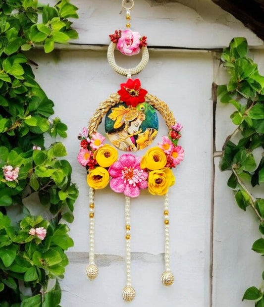 Radha Krishna wall hanging, flower design decor, spiritual home decor, Radha Krishna artwork, divine wall art, pooja room decor, floral wall hanging, devotional gift ideas, Radha Krishna decorative piece, vibrant wall hanging decor.
