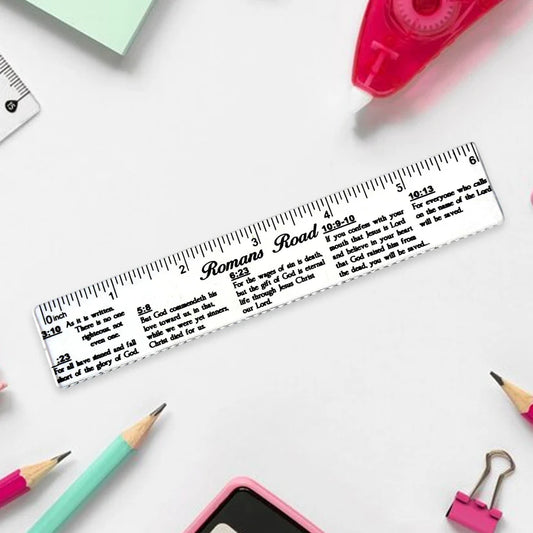 Romans Road ruler

Scripture printed ruler

Christian plastic ruler

Bible verse ruler 6 inch

Faith-based stationery

Romans Road to salvation tool

Inspirational ruler for students

Christian gift item

School ruler with Bible verse

Plastic ruler with scripture print