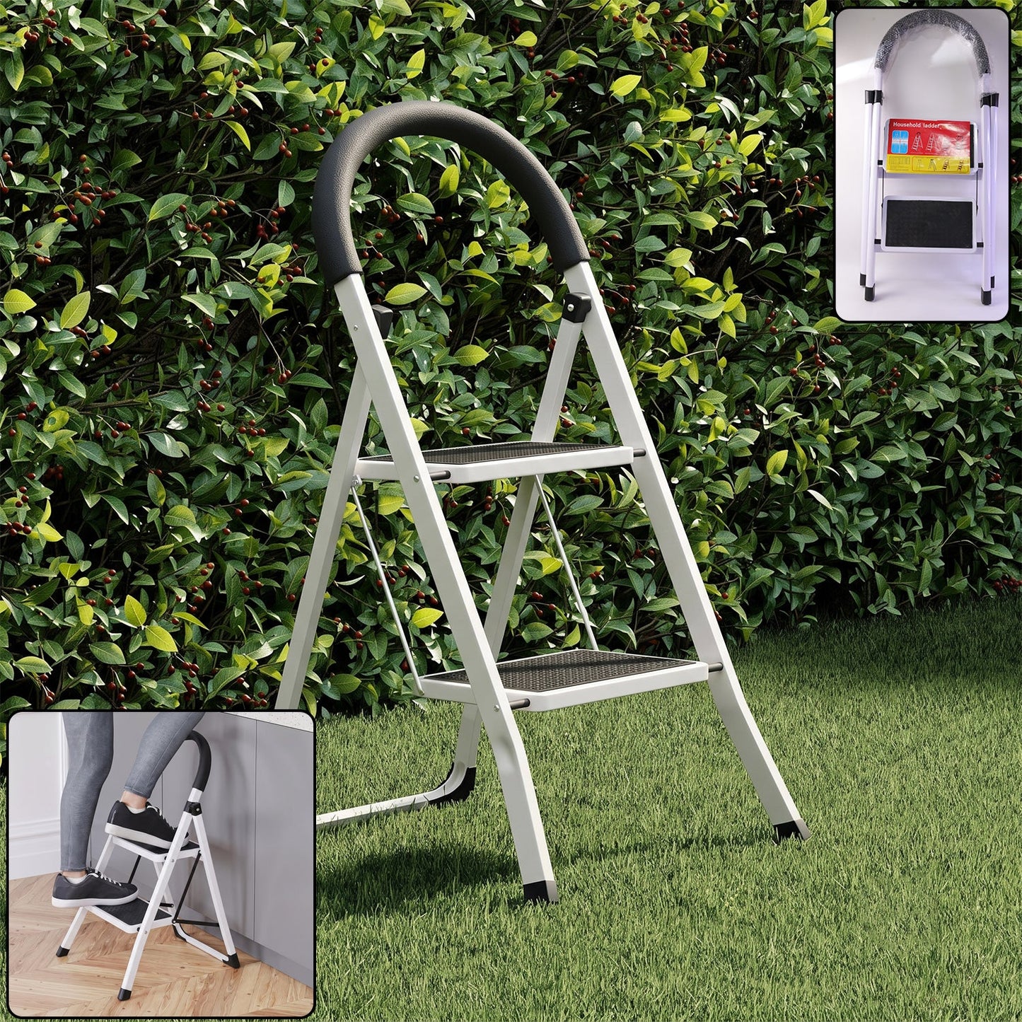 Compact 2 step stool ladder with anti slip steps and grip rail