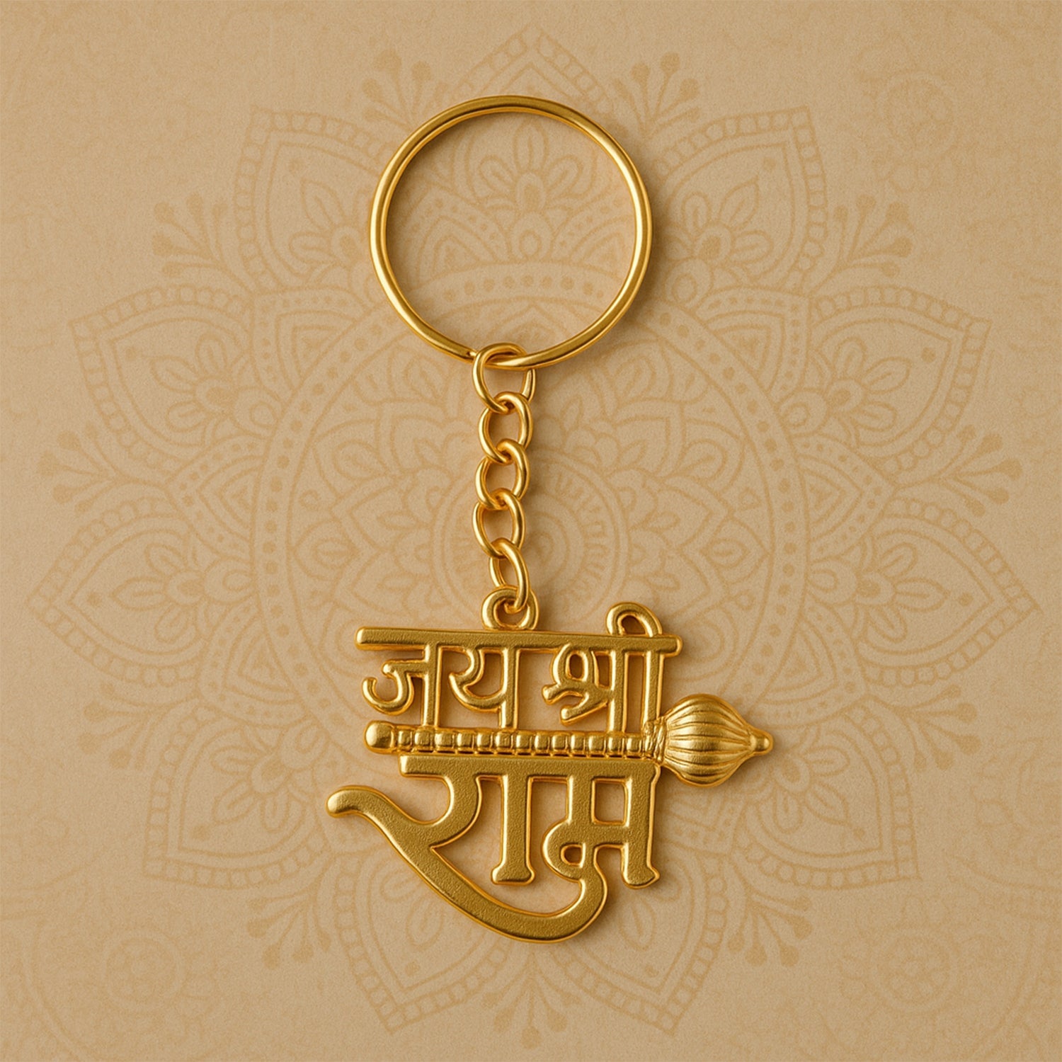 Divine Ram charm on metal keychain symbolizing devotion