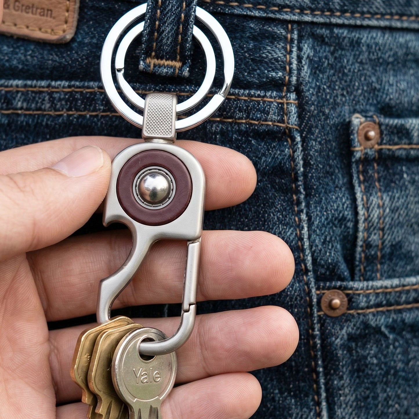 Portable metal key holder with dual rings for organizing multiple keys.