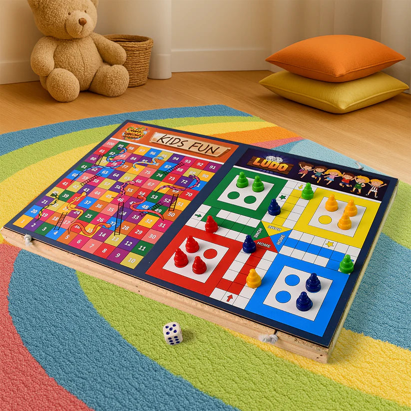 Happyclick Wooden Board Game Set – Ludo, Snakes & Ladders, and Desktop Football (3-in-1) - HappyClick