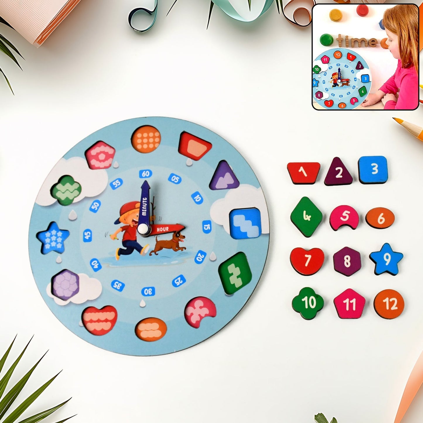 Wooden educational learning clock toy for kids with colorful movable hands and number shapes