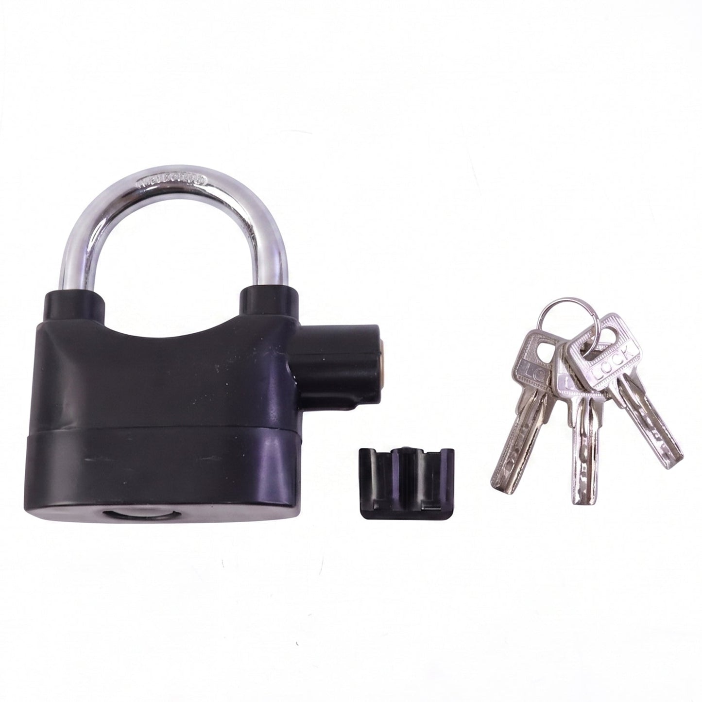 Side view of the metallic alarm padlock, highlighting its compact and durable design.