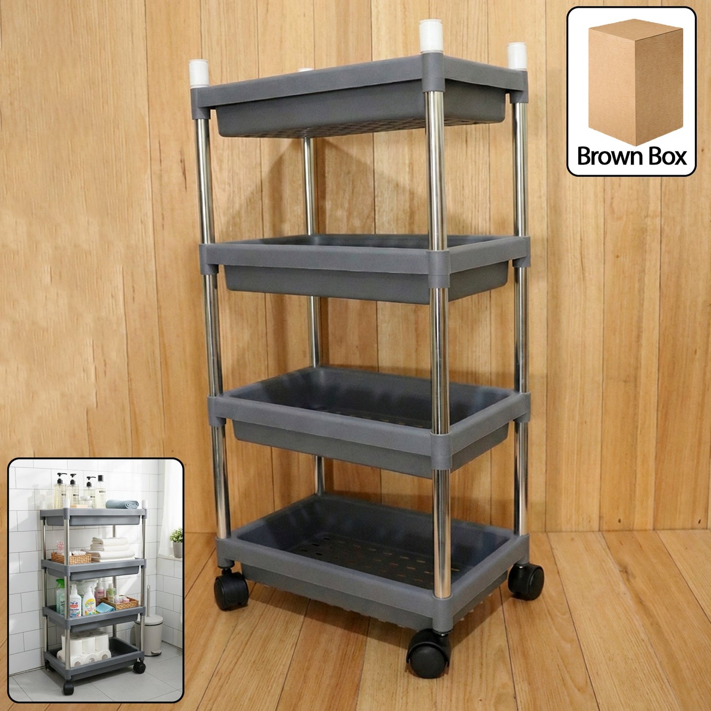 4-layer rolling storage cart with durable plastic trays and smooth-gliding wheels.