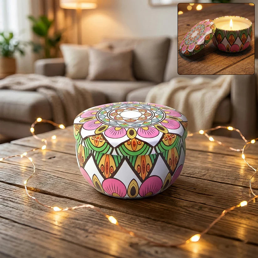 Happyclick Premium Decorative Mandala Printed Metal Candle Container (1 Pc) - HappyClick