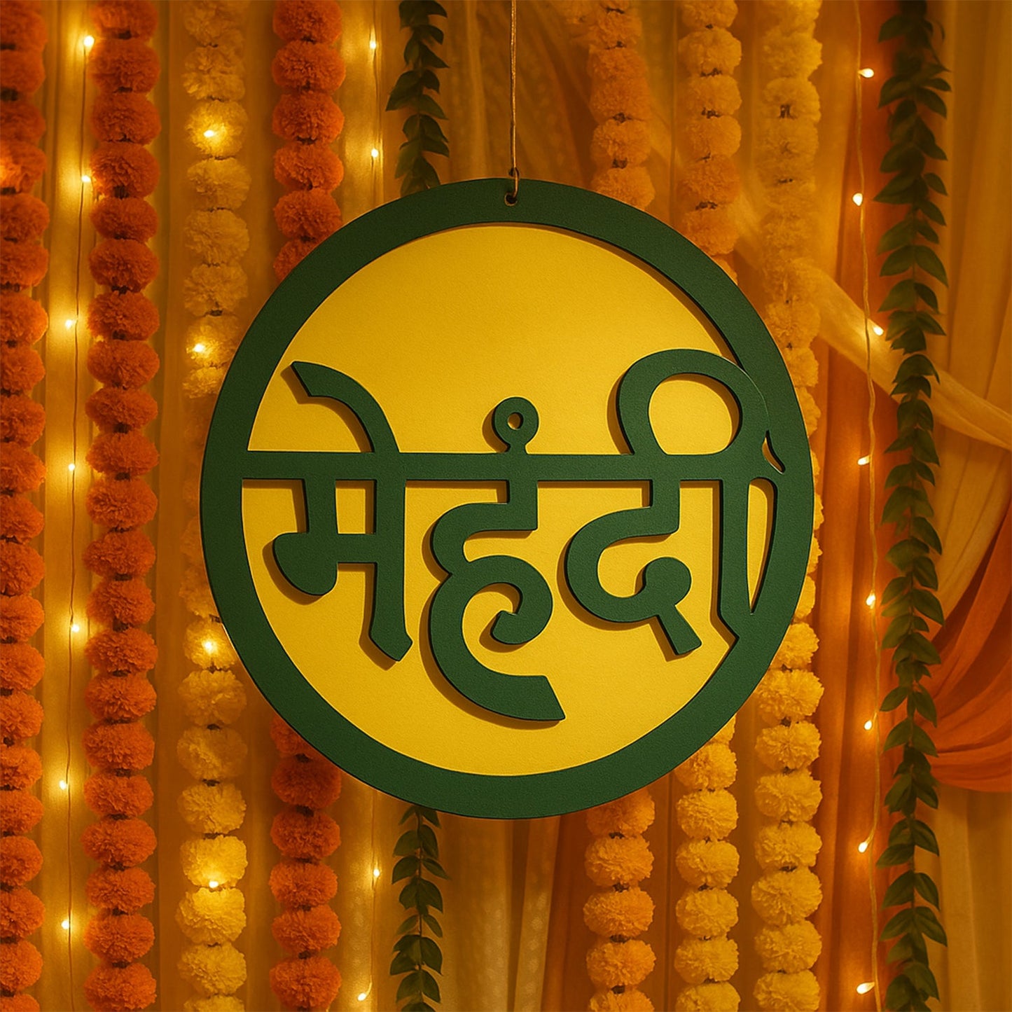 Indoors mehndi ceremony round decorative sign with typical Hindi मेहंदी lettering