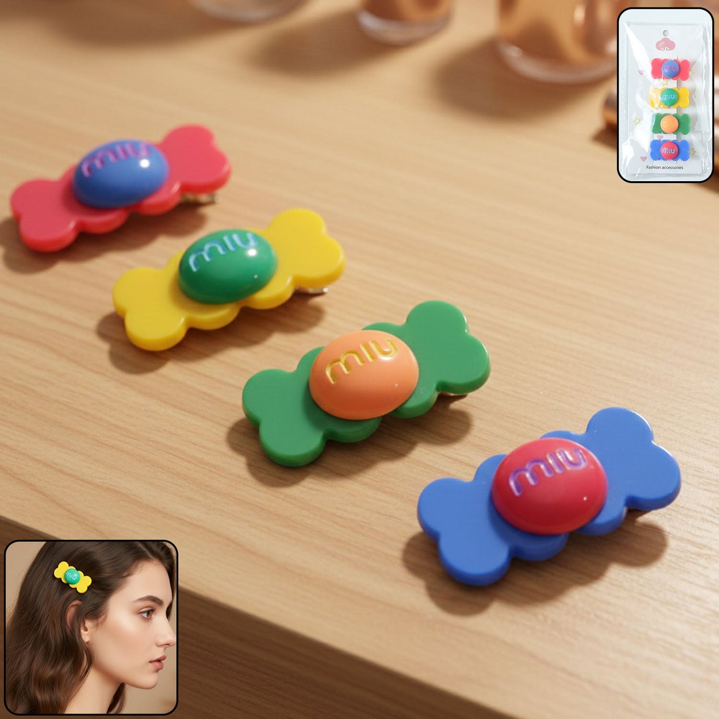Set of four colorful candy hair clips with vibrant snap design on white background
