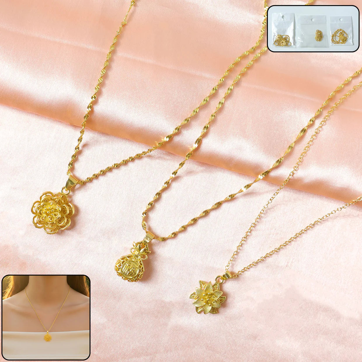 Happyclick Elegant Gold Finish Floral & Traditional Pendant Necklace (1 Pc, Mix Design) - HappyClick