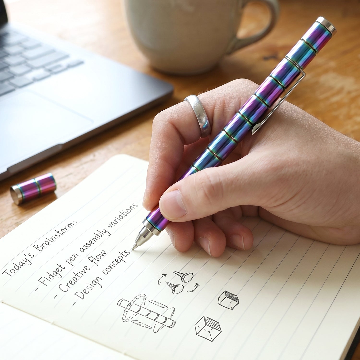 Hand demonstrating the fidget spinner function of the magnetic metal pen.