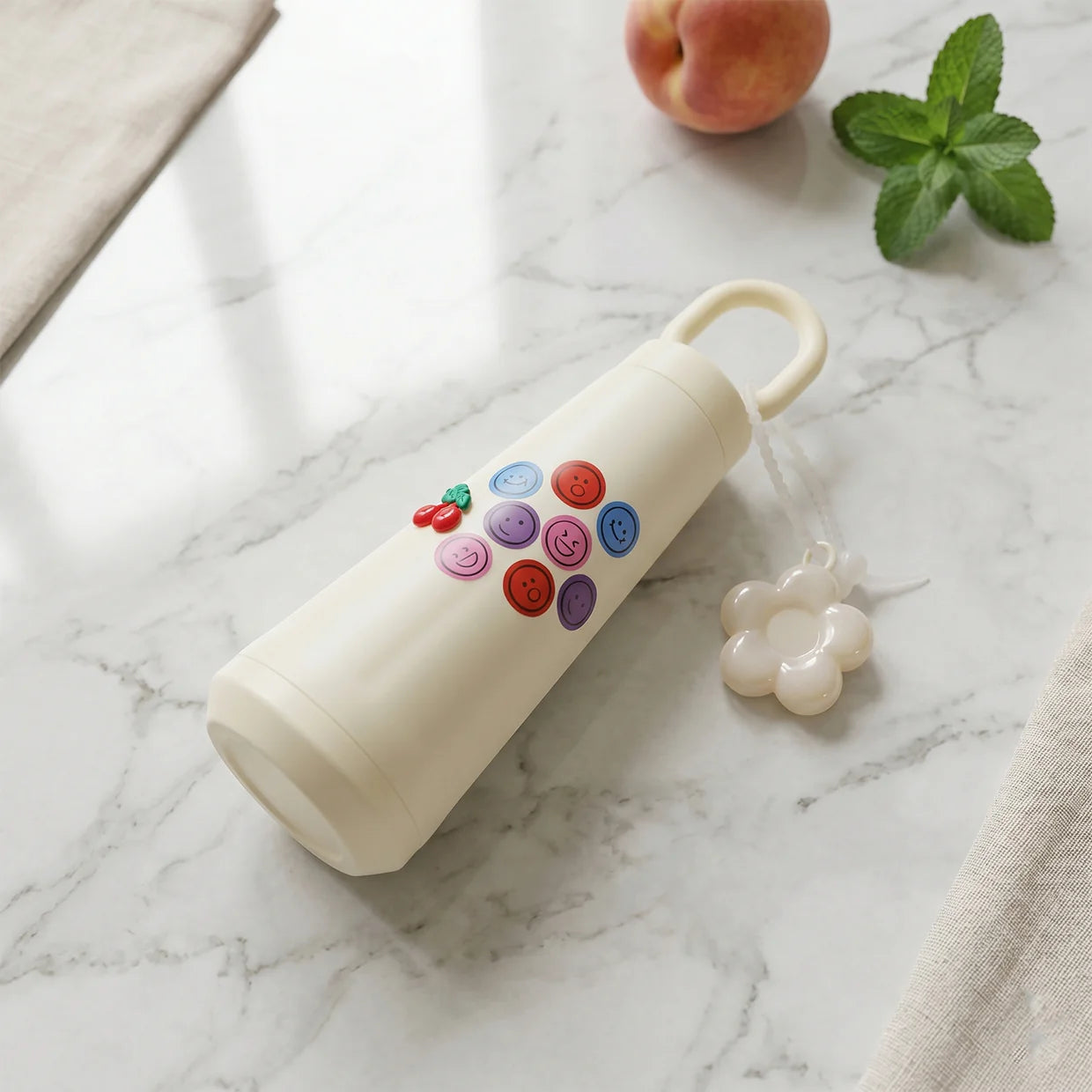 Happyclick 500ml Portable Glass Water Bottle with Smile & Cherry Design