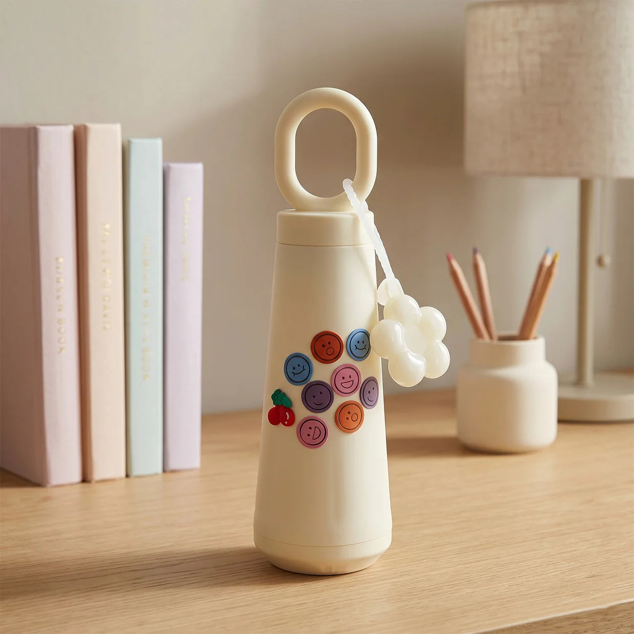 Happyclick 500ml Portable Glass Water Bottle with Smile & Cherry Design