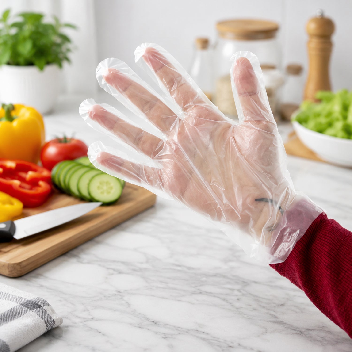 Multipurpose disposable gloves in clear plastic