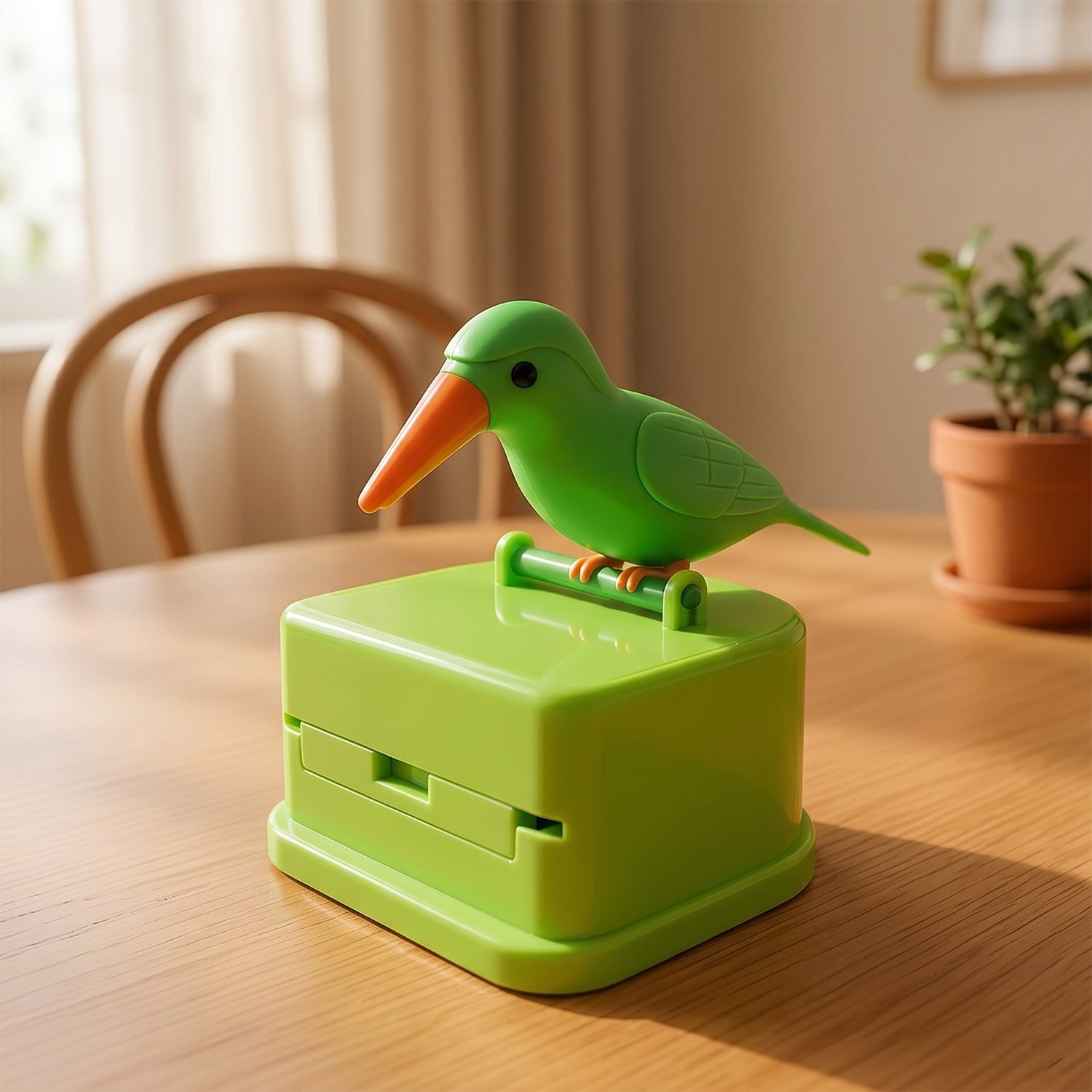 Close-up of the push button mechanism on bird toothpick dispenser