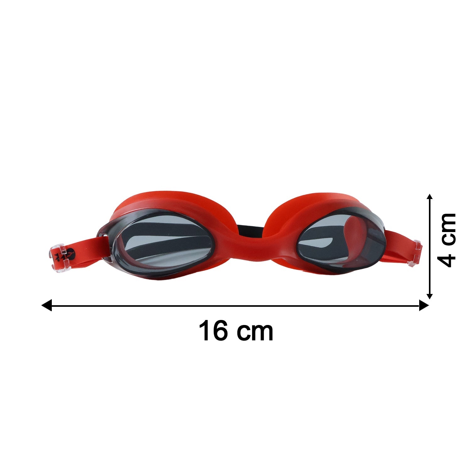 Size details of red swimming goggles demonstrating fit options