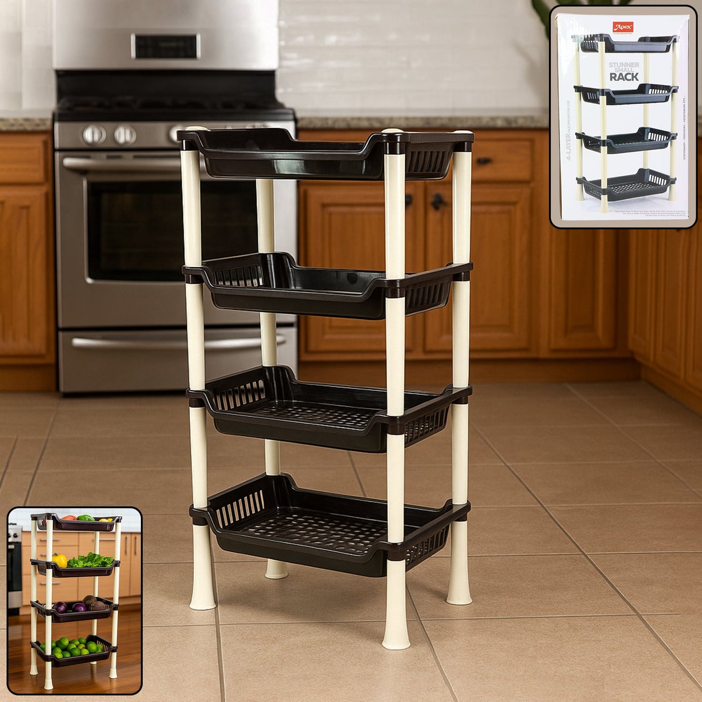 Apex 4-layer plastic storage rack with ventilated baskets in white