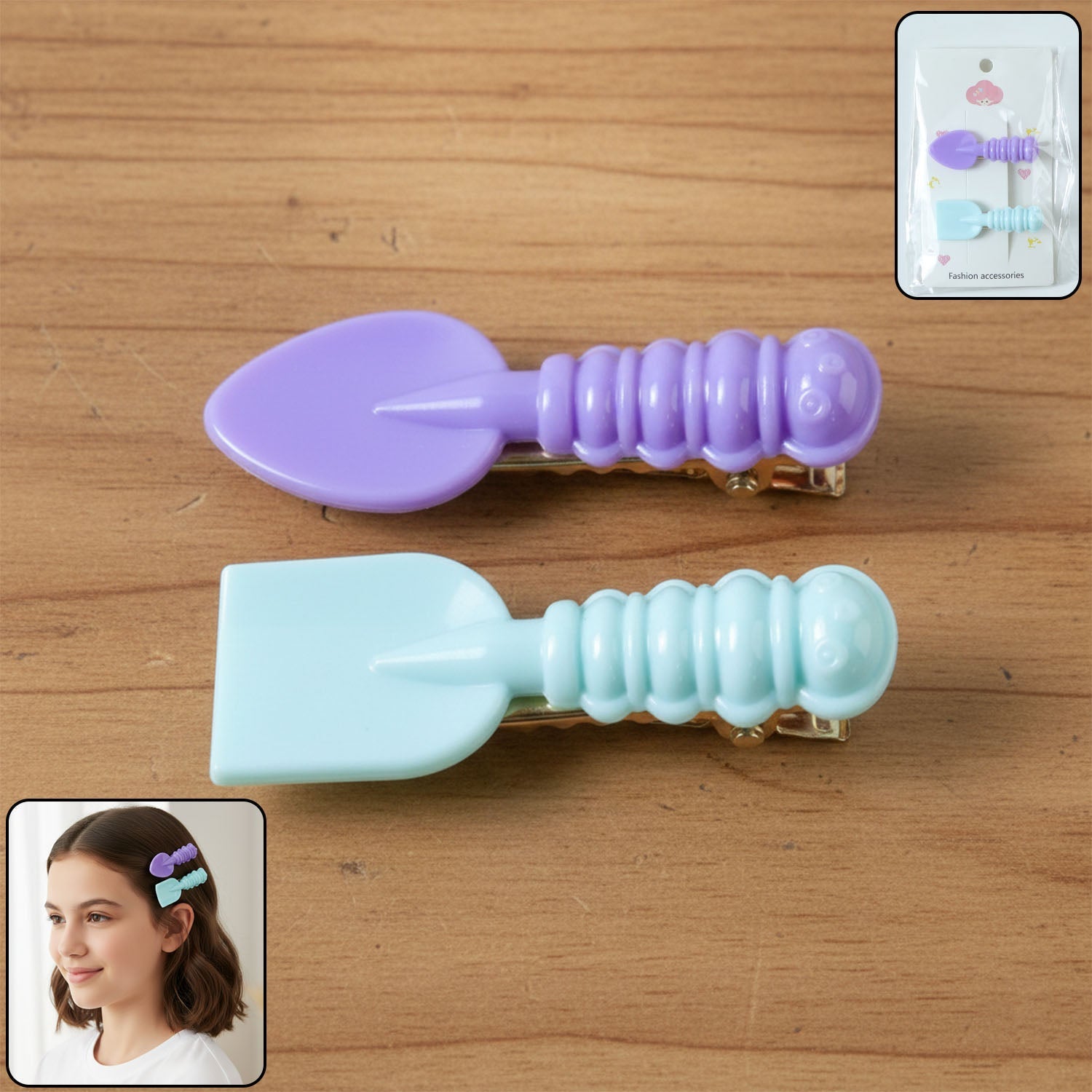 Set of mini spade and leaf hair clips for girls