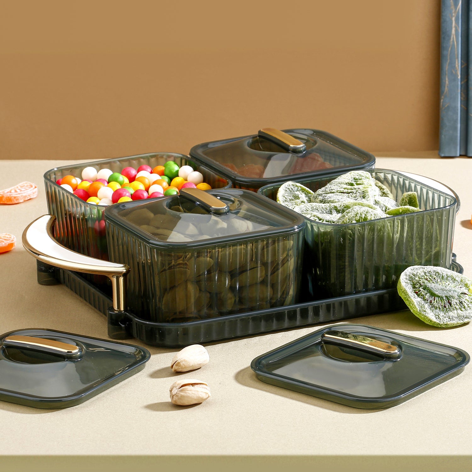 Multipurpose dryfruit storage box set with airtight lids and gold accent tray