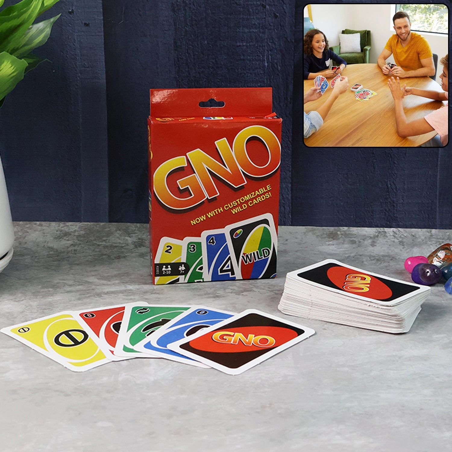 GNO card game deck featuring colorful family-friendly cards