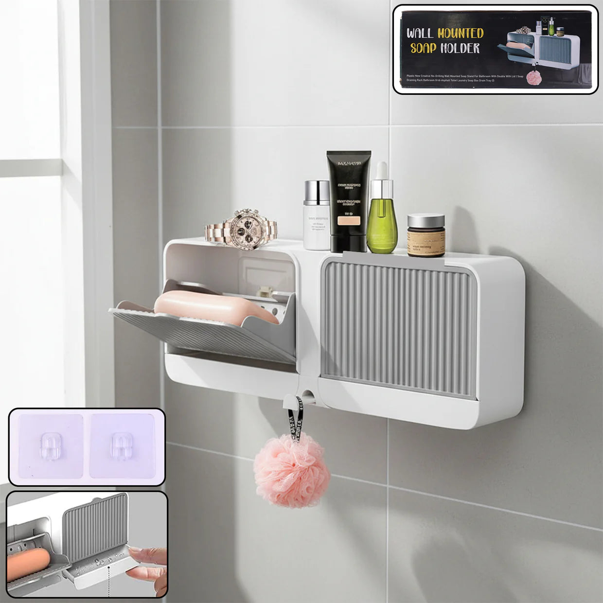 Happyclick Wall Mounted 4-Compartment Bathroom Storage & Soap Holder
