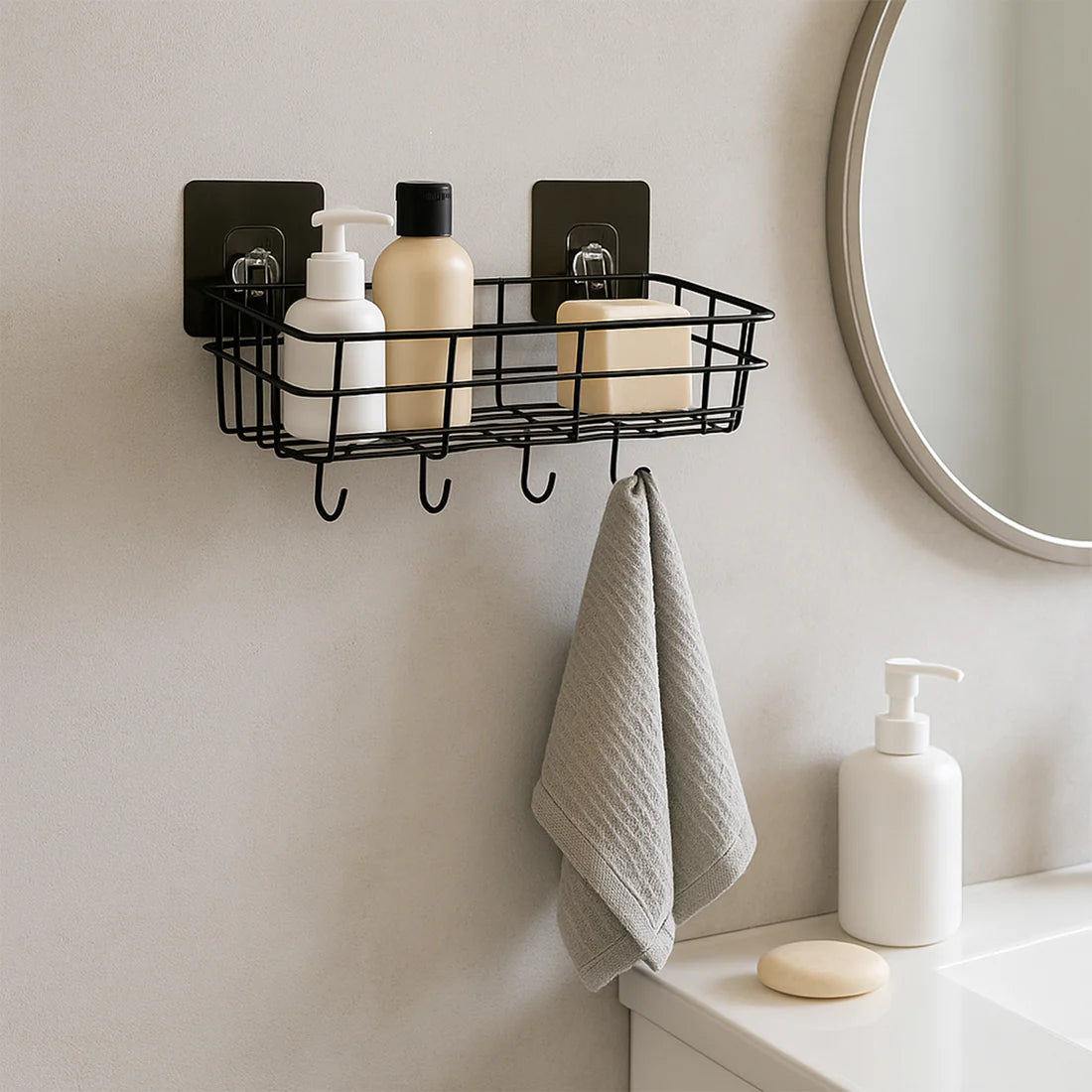 Happyclick Self-Adhesive Wall Storage Baskets with Hooks – Durable Metal, No Drill