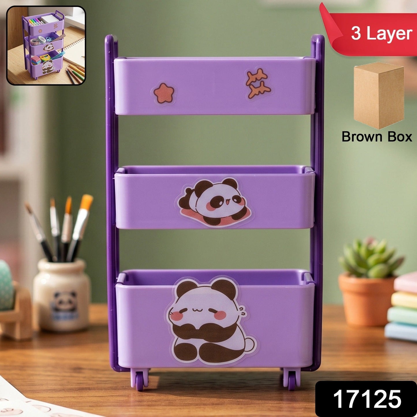 Packaging of the compact purple mini storage trolley showing assembly kit.