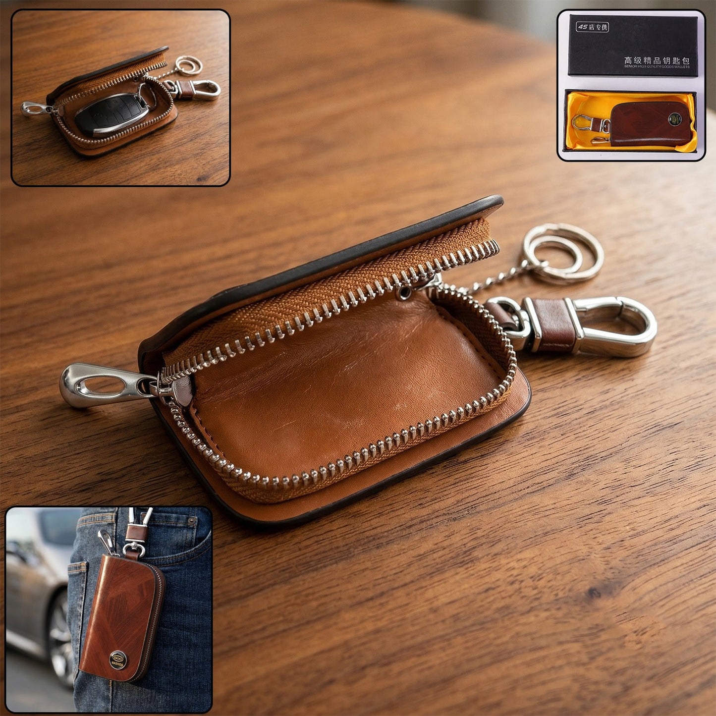 Leather car key case holder in rich brown leather