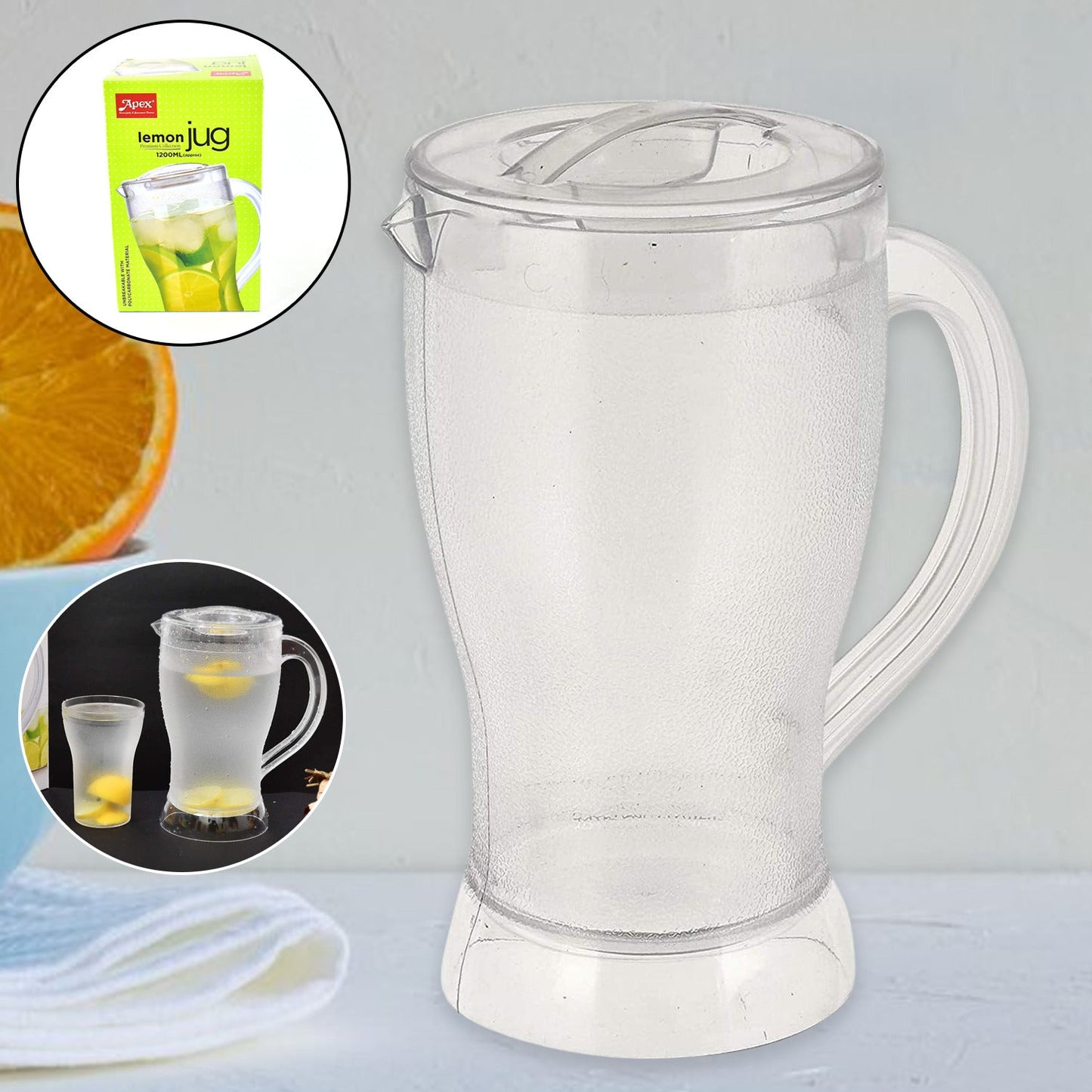 Clear unbreakable lemon jug made of BPA-free polycarbonate with secure lid
