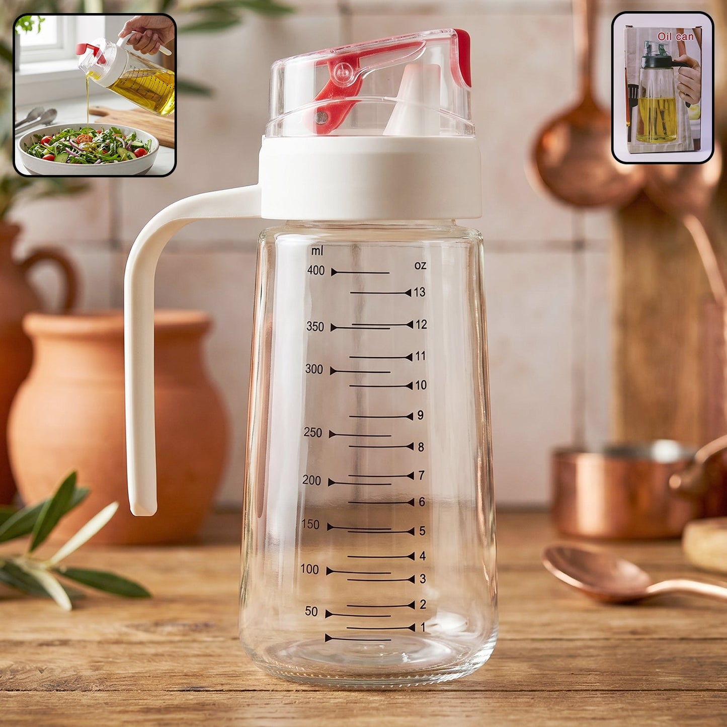 Close-up of glass oil dispenser bottle showing pouring action and side handle
