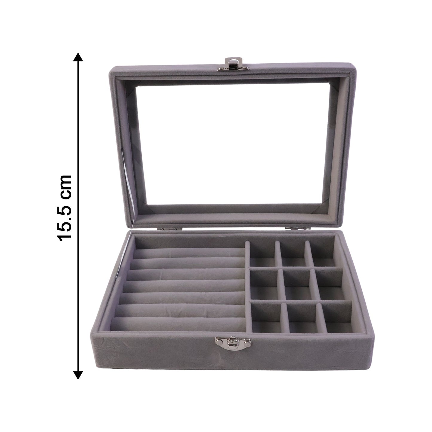 Full view of velvet jewelry organizer box with compartments
