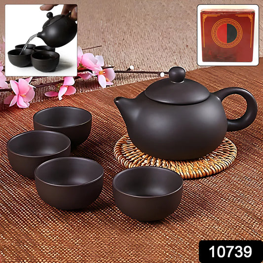 Happyclick Premium Black Clay / Ceramic Tea Set with Teapot & 4 Cups - HappyClick