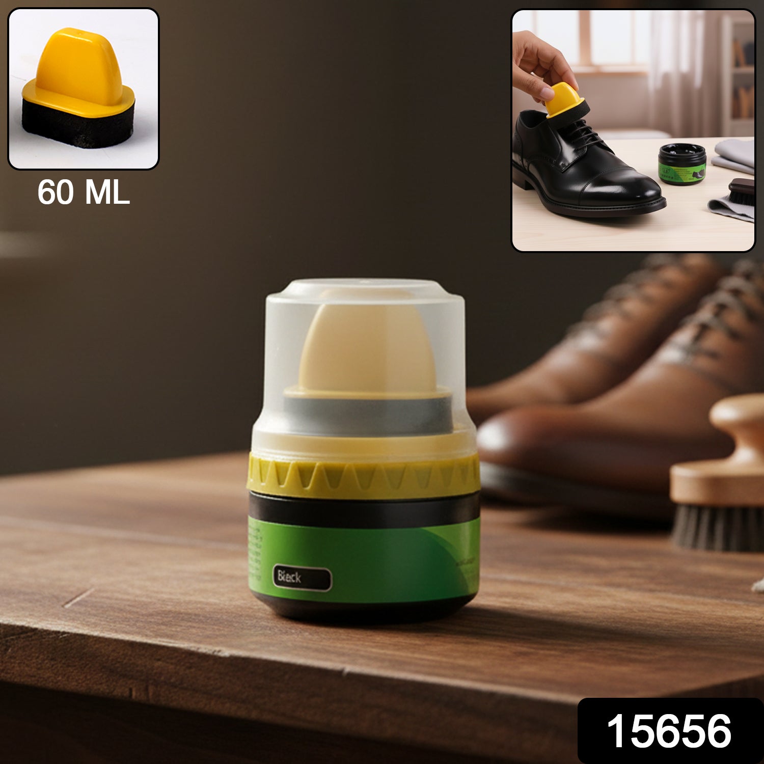 Close-up view of the sponge applicator on black shoe polish cream