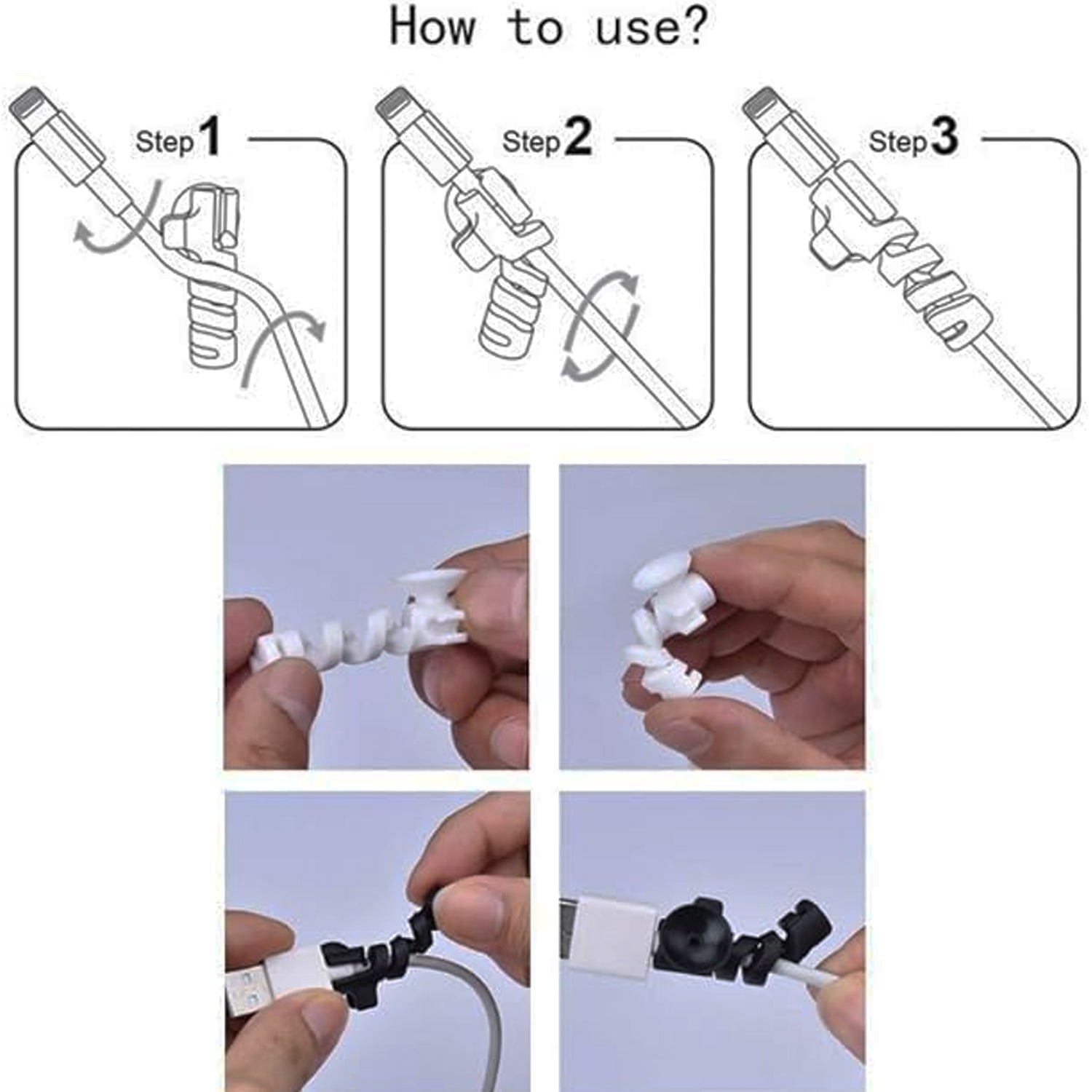 Four white cable protectors shown individually, ready for use on various cords.